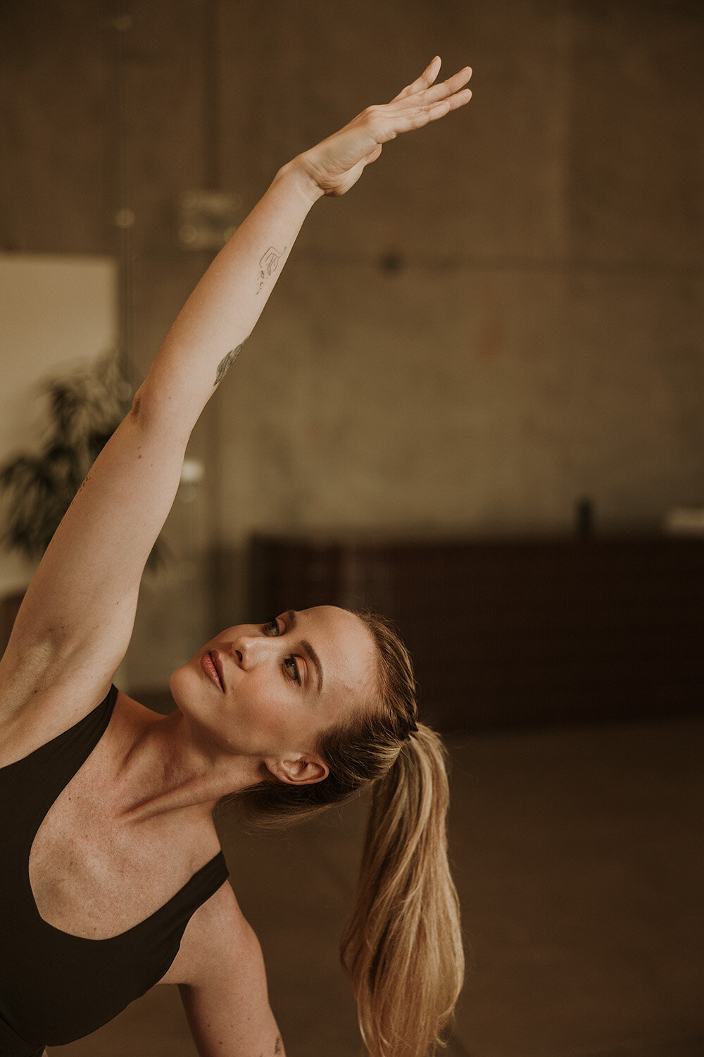 Elegant brand photo of a woman stretching in natural light, captured by a Sunshine Coast branding photographer for a grounded, yoga brand feel.