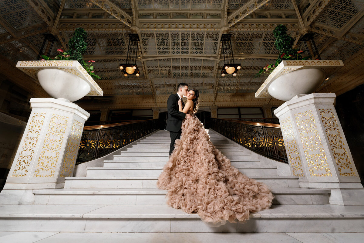 Aspen-Avenue-Chicago-Wedding-Photographer-Rookery-Engagement-Session-Histoircal-Stairs-Moody-Dramatic-Magazine-Unique-Gown-Stemming-From-Love-Emily-Rae-Bridal-Hair-FAV-41