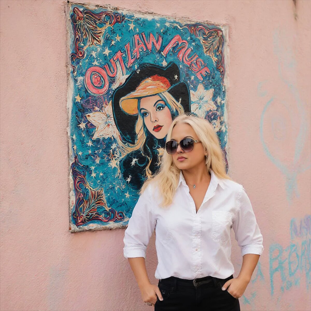 Buffy posing with a painting on display. The painting is a self portrait of her as the Outlaw Muse archetype. 