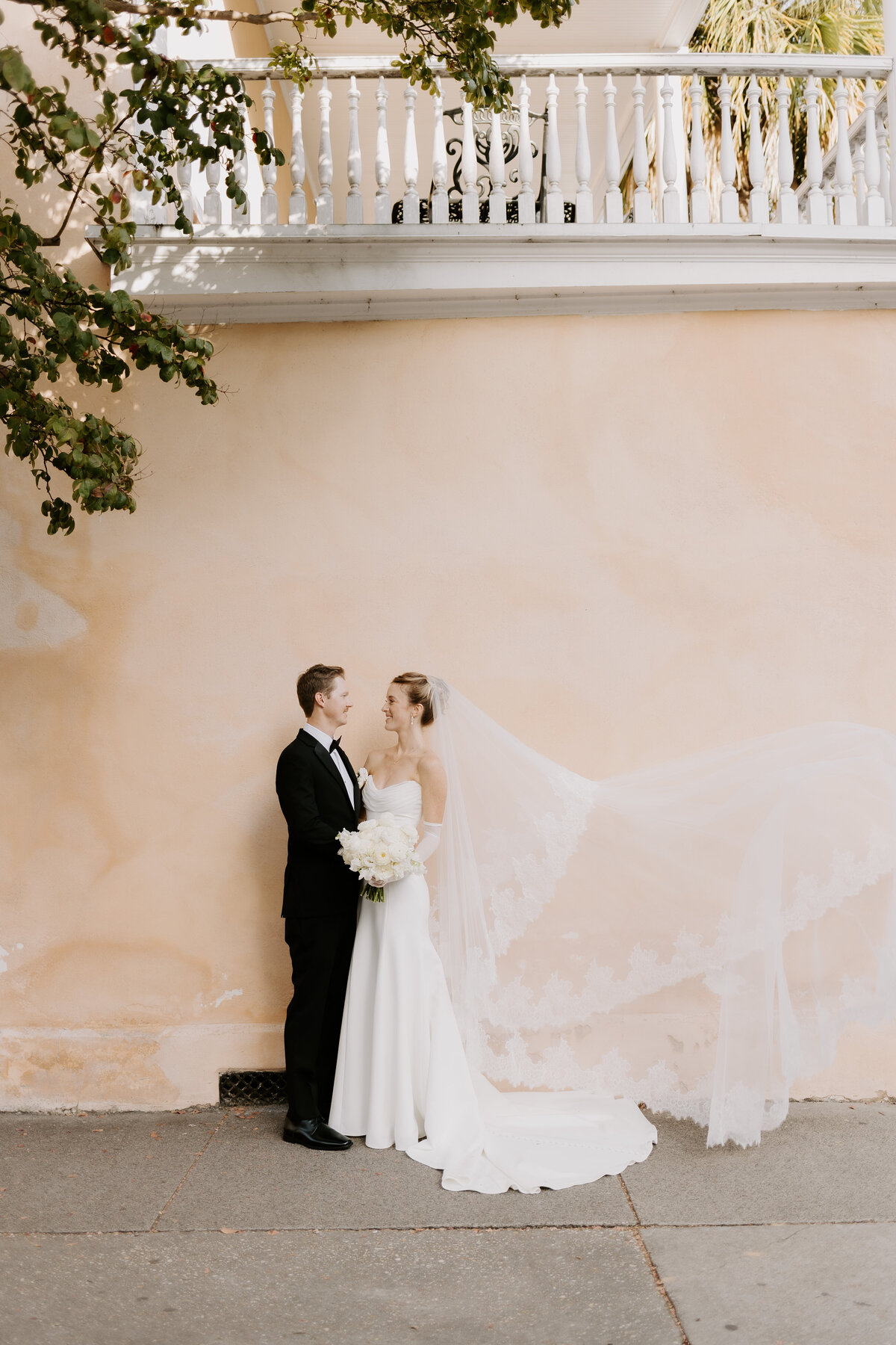 bride and groom in downtown charleston