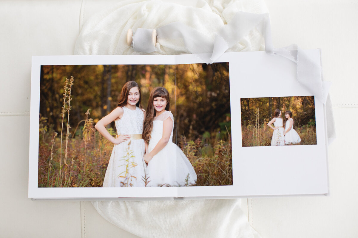 An opened photo album.