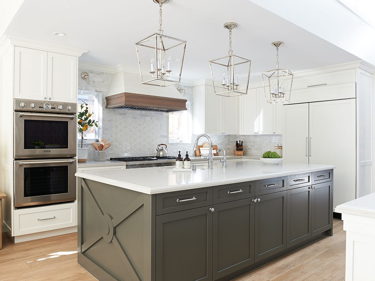 white kitchen with dark island