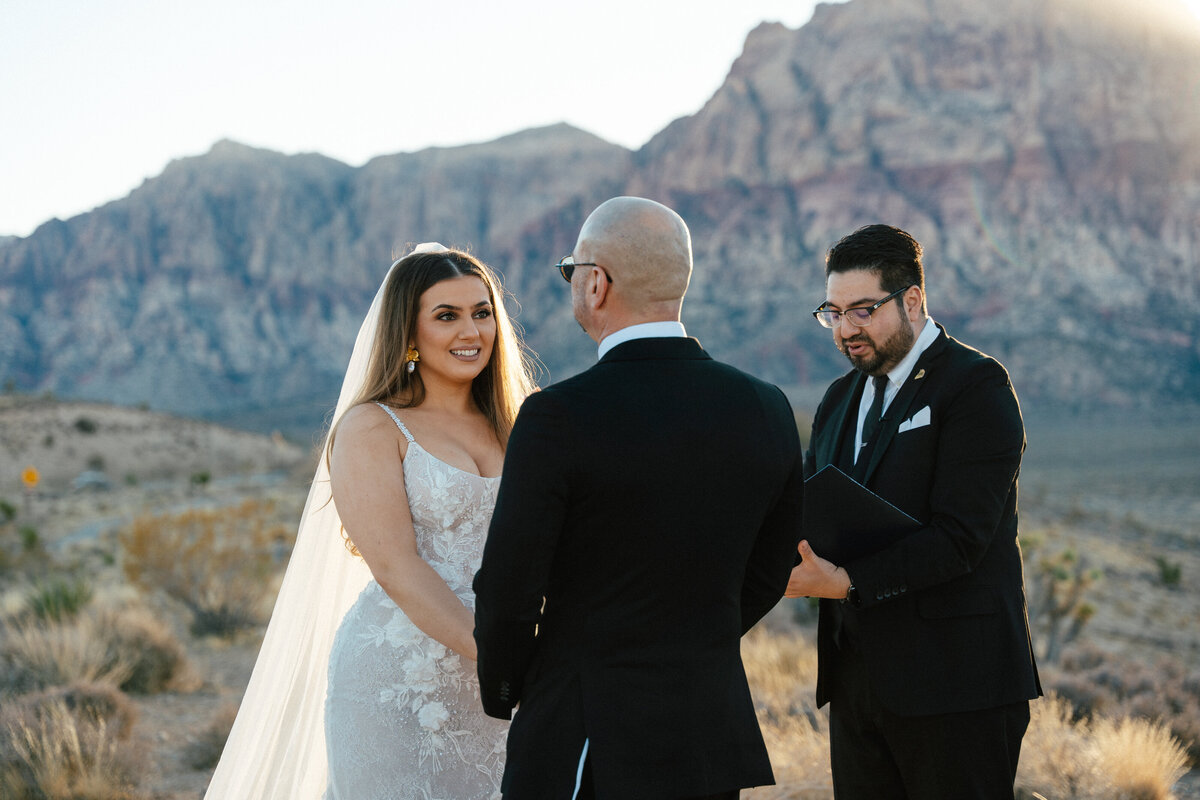 bride and groom hold hands as the officiant speaks in red rock canyon, just outside of las vegas, nv
