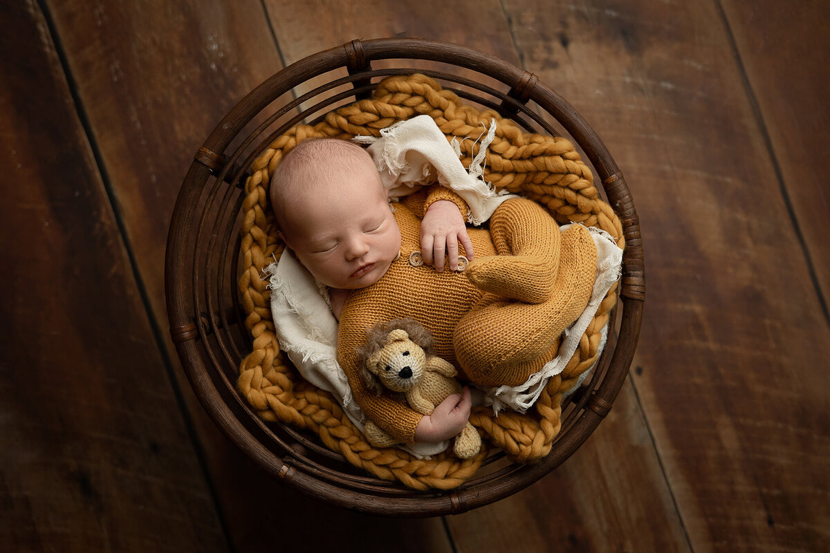 dayton-ohio-newborn-photographer-beavercreek-tipp-city-centerville-kettering-bellbrook-baby-boy-in-mustard-knit-romper-snuggled-with-stuffed-lion-amanda-estep-photography