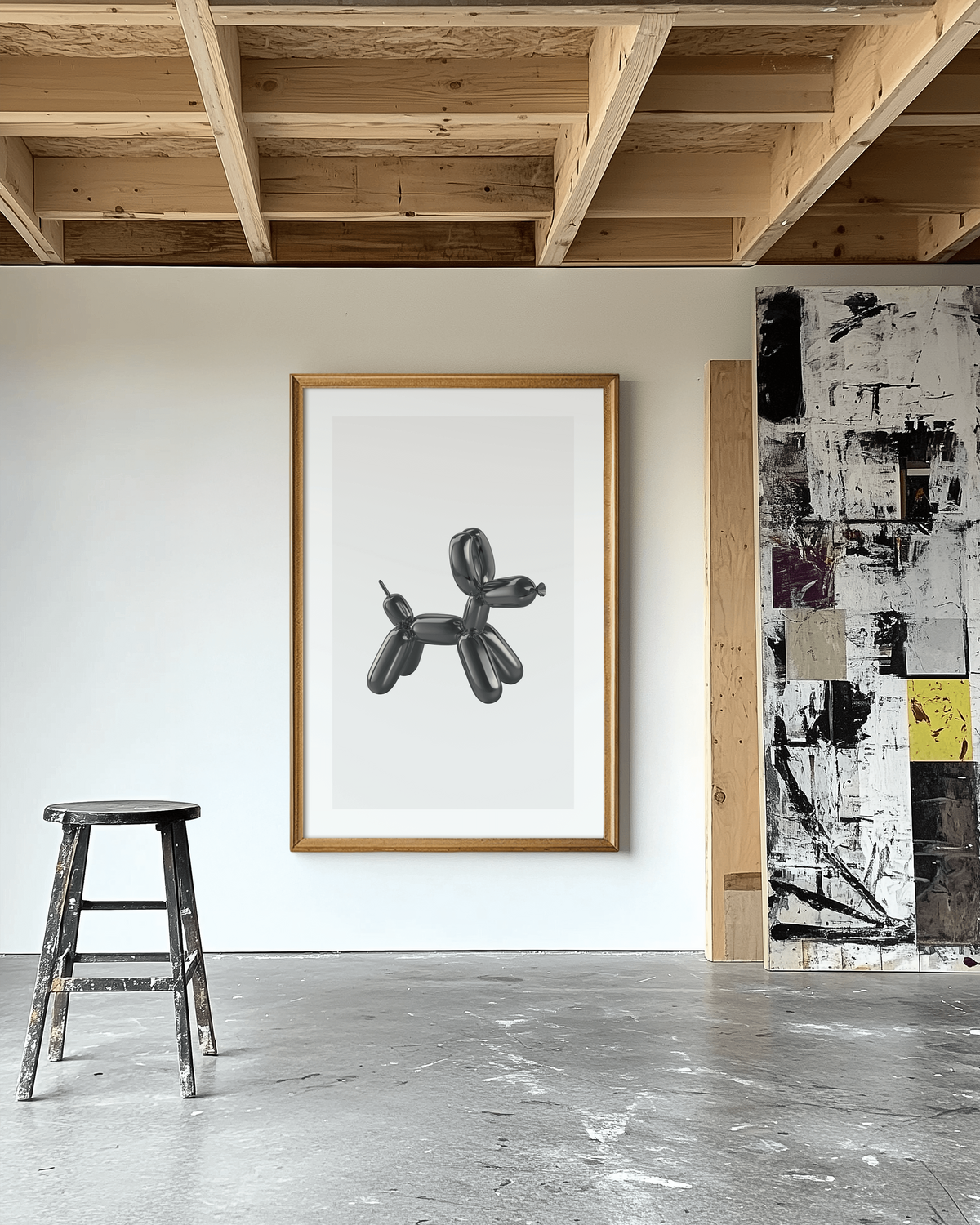 A modern home bar with black walls, gold accents, shelves with glassware and bottles, two black barstools, and framed art of a balloon dog above the counter—a stylish touch inspired by Sweet Pea Ink Designs | Brand Design.