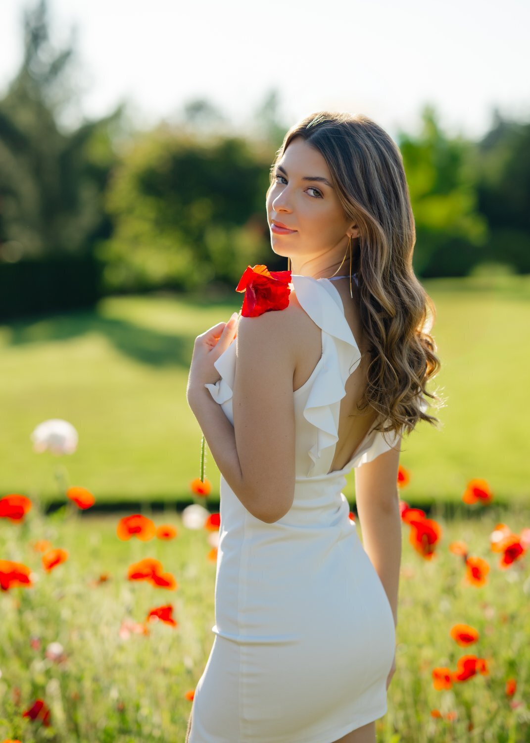 poppy flower field high school senior white dress