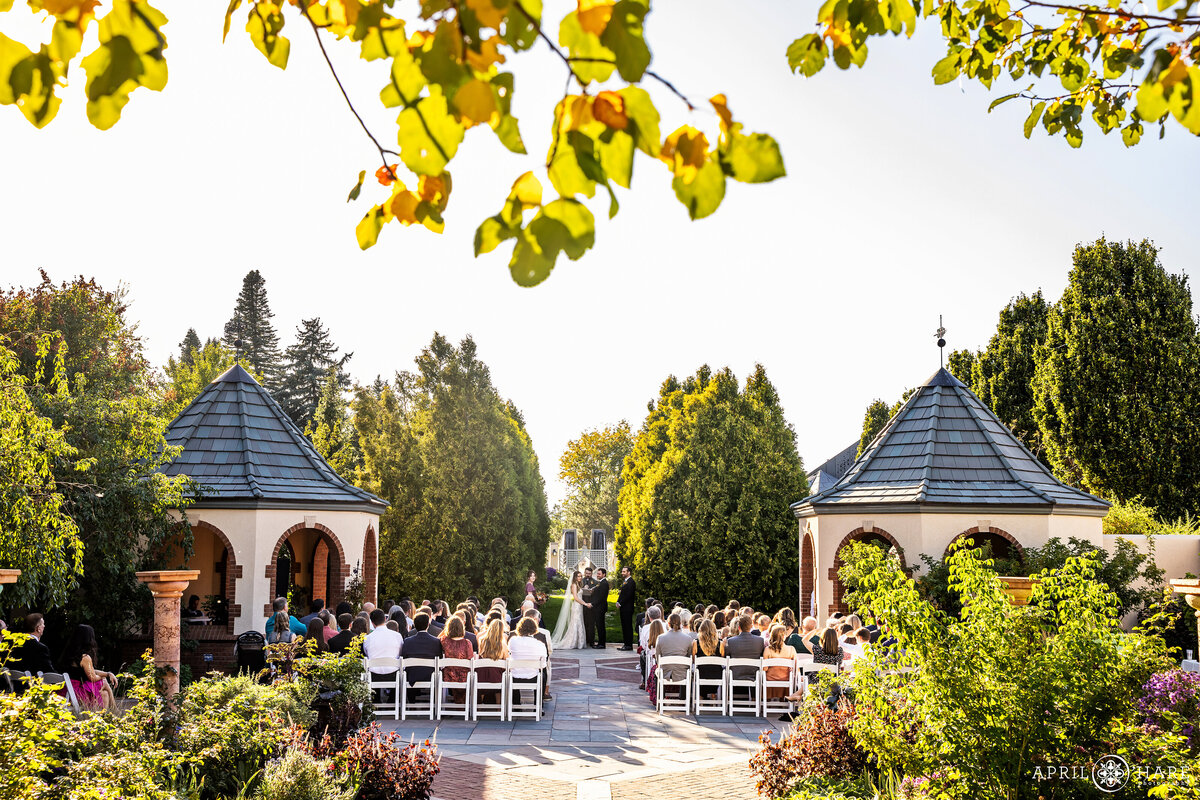 View of an outdoor wedding ceremony at the Romantic Gardens at Denver Botanic Gardens