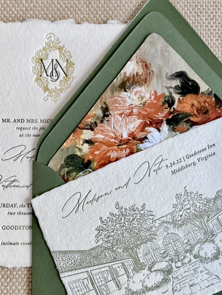 Wedding invitation with custom crest and wreath, wedding envelope with custom calligraphy