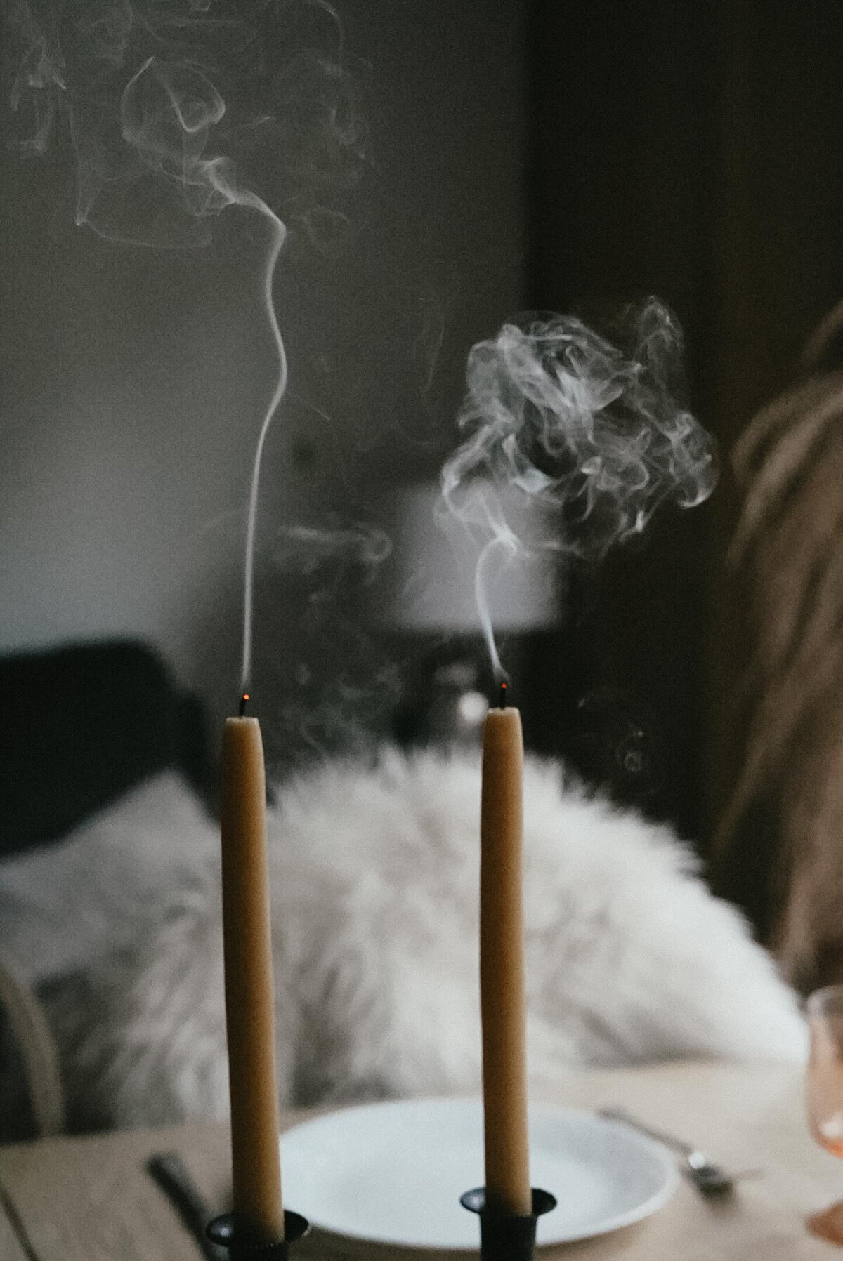 BBCC 9" tapers with smoke on dining table with fur