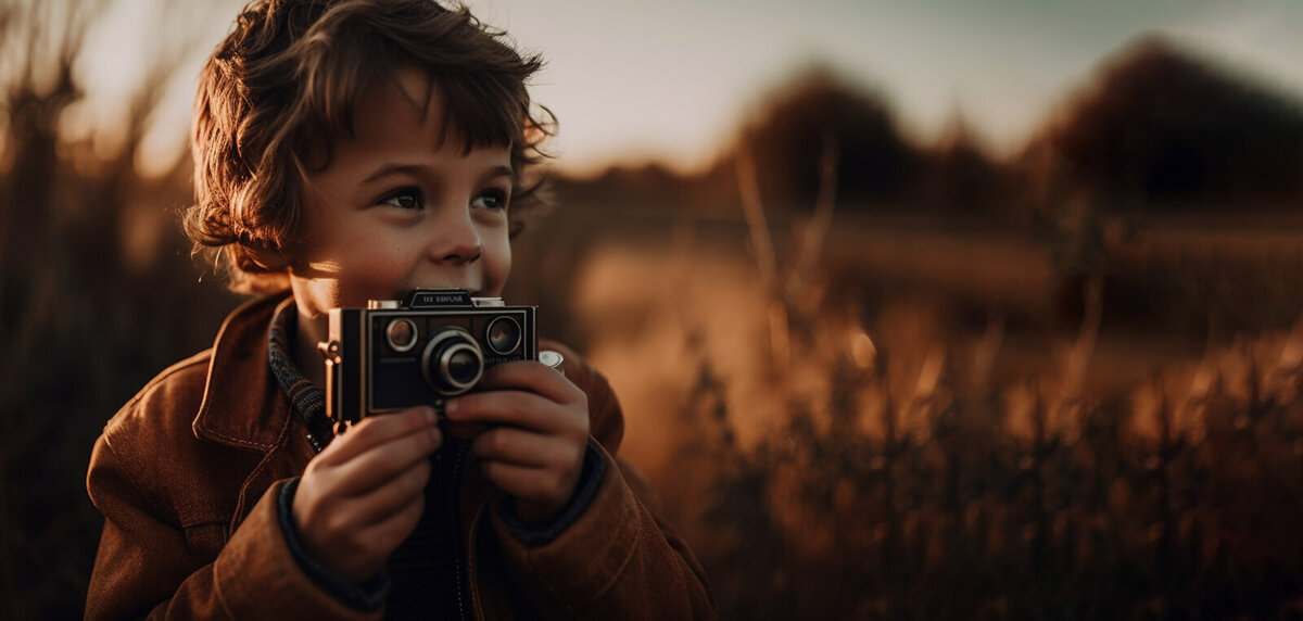 Petit garçon, brun, veste marron rétro tenant devant son visage un appareil photo vintage.