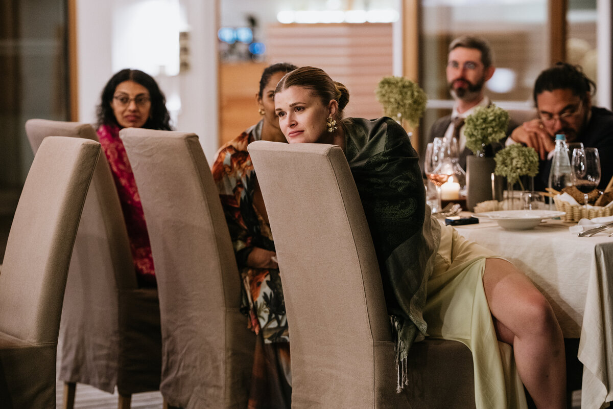 Outdoor dining terrace at La Vimea during sunset