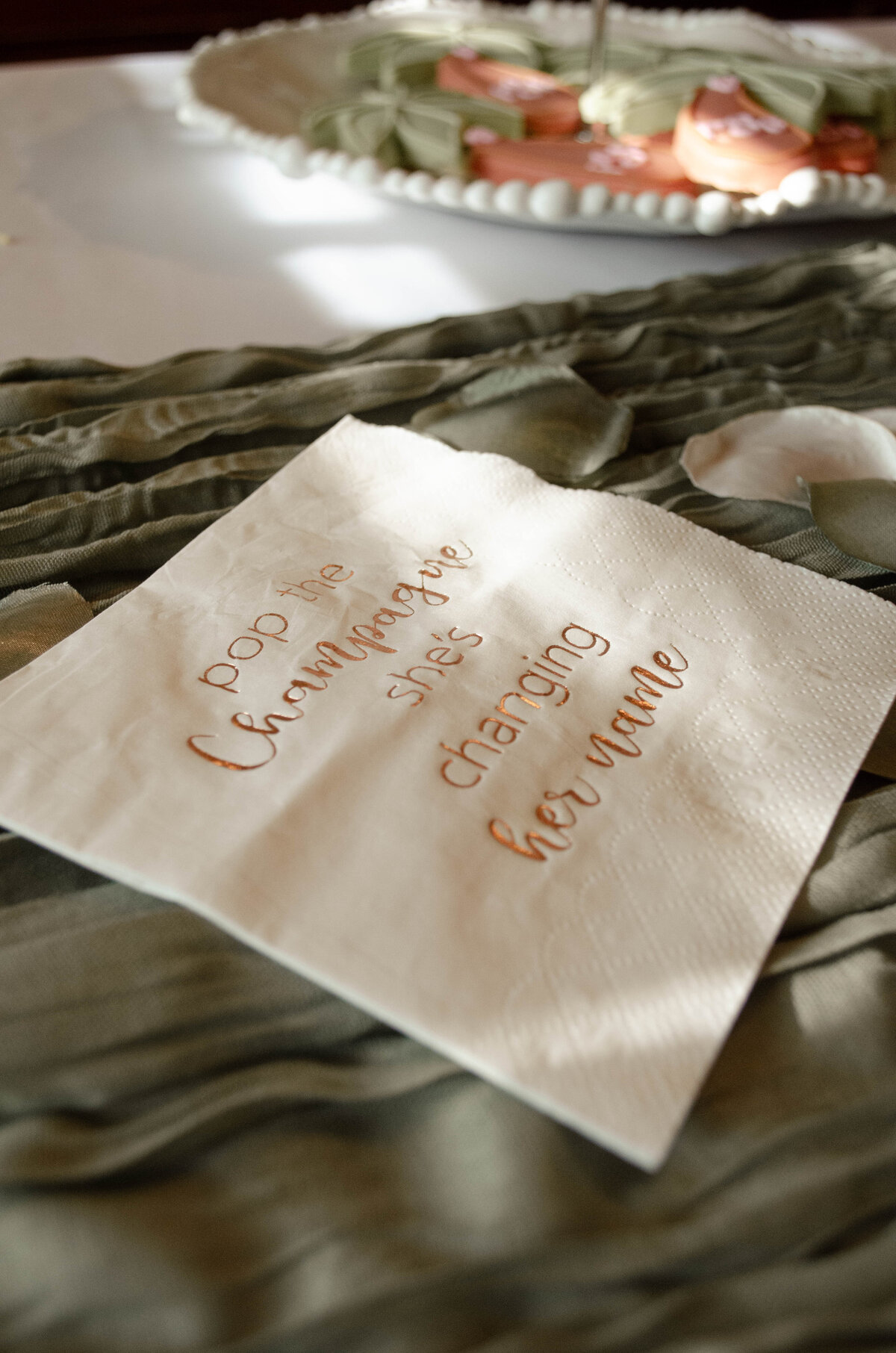 bridal shower "pop the champagne she's changing her name" napkin photo