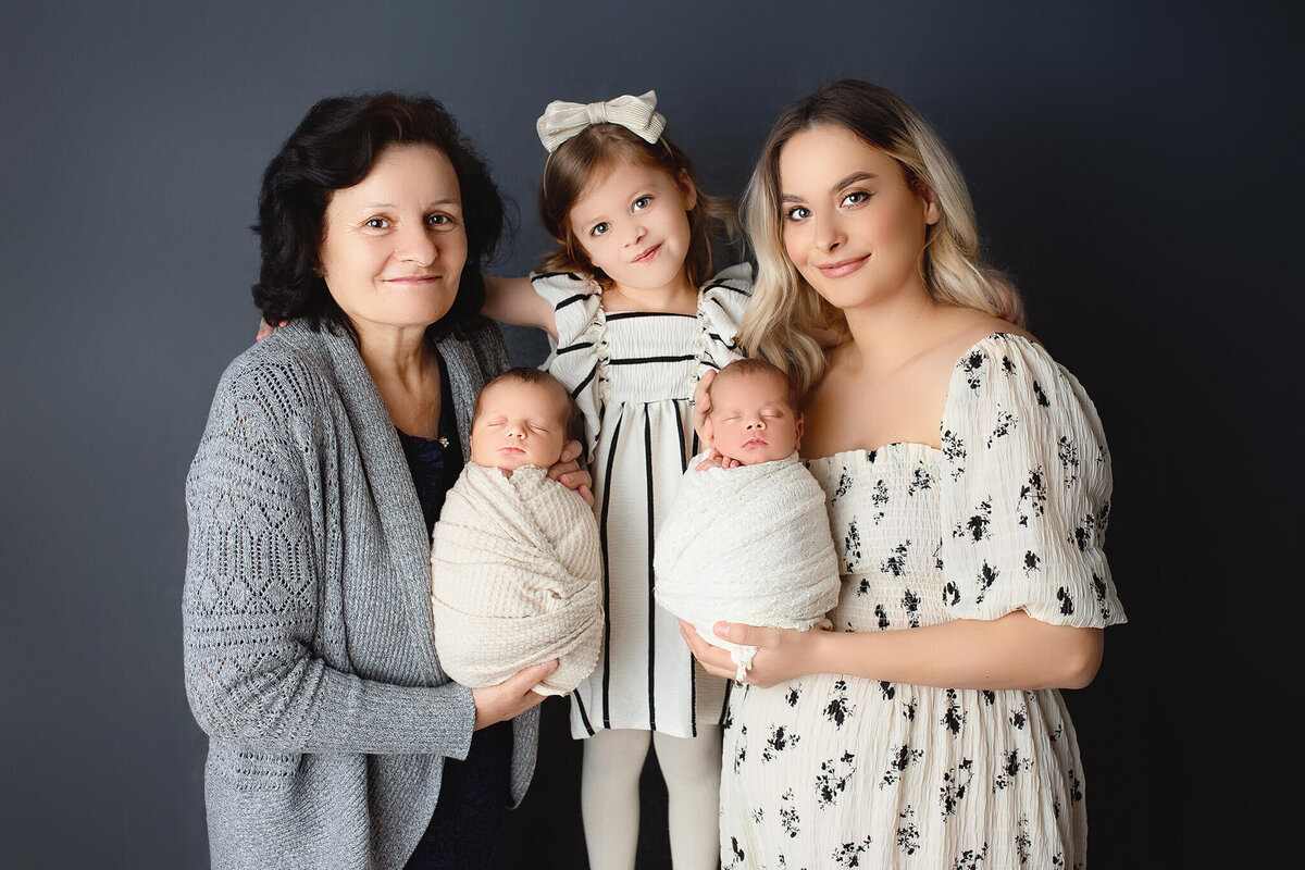 potrait of 3 generations taken at hamilton newborn photography studio