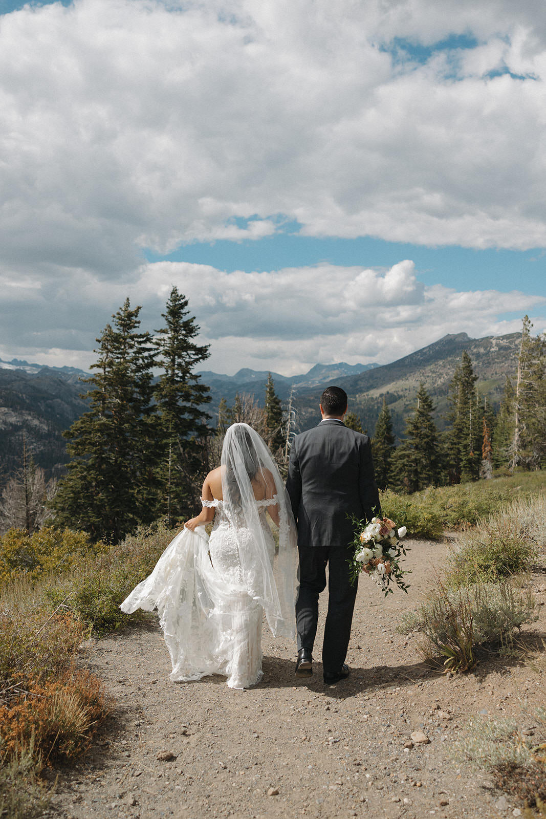 Bride and groom walking in the mountains