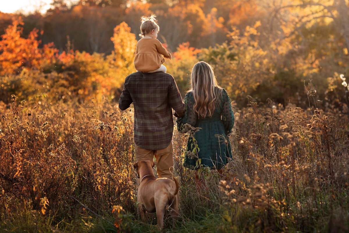 NJ portrait photographer captures family and dog walking together in beautiful field