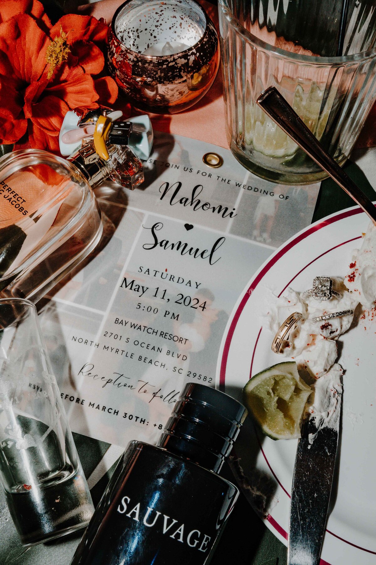 wedding invitation with items from a reception party