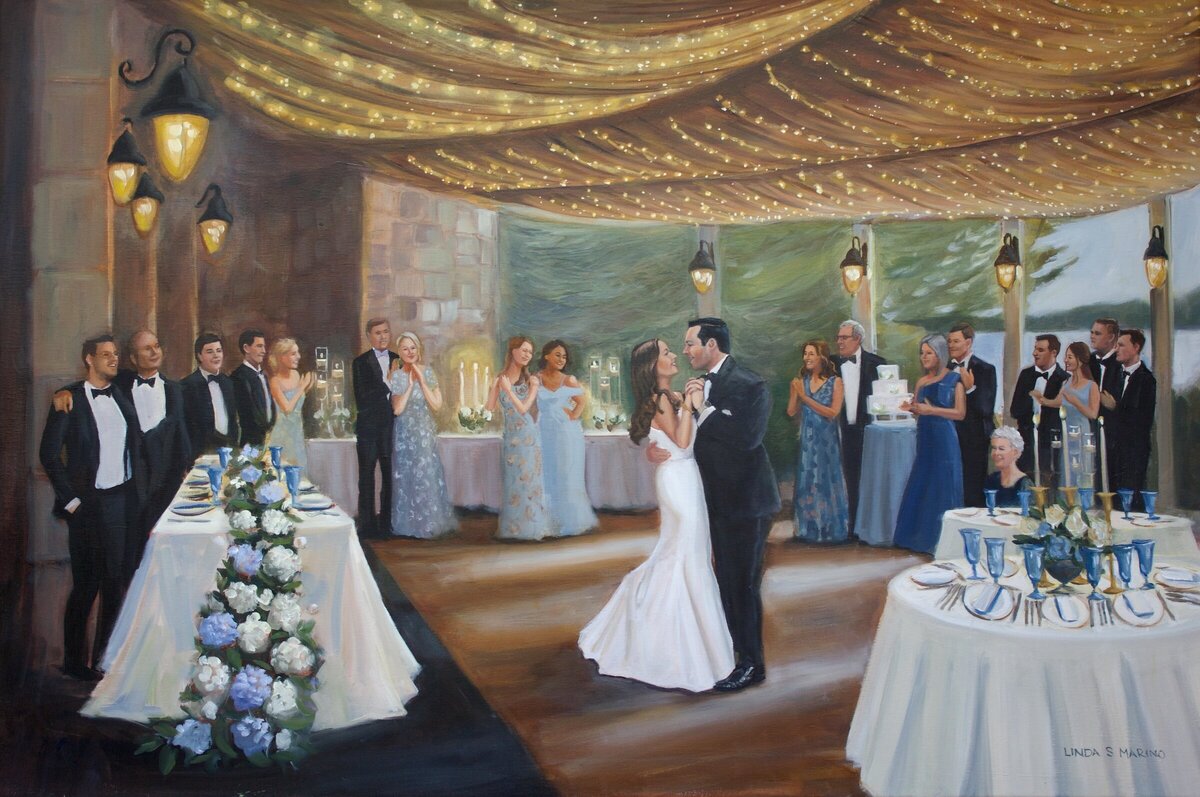 Live Wedding Painting of Bride and Groom first dance with family and wedding party in background at Tappan Hill Mansion, Tarrytown, NY