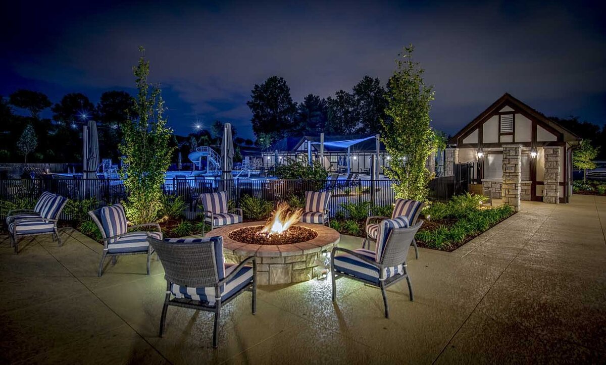 fire pit at night at Chattanooga Golf & Country Club pool complex