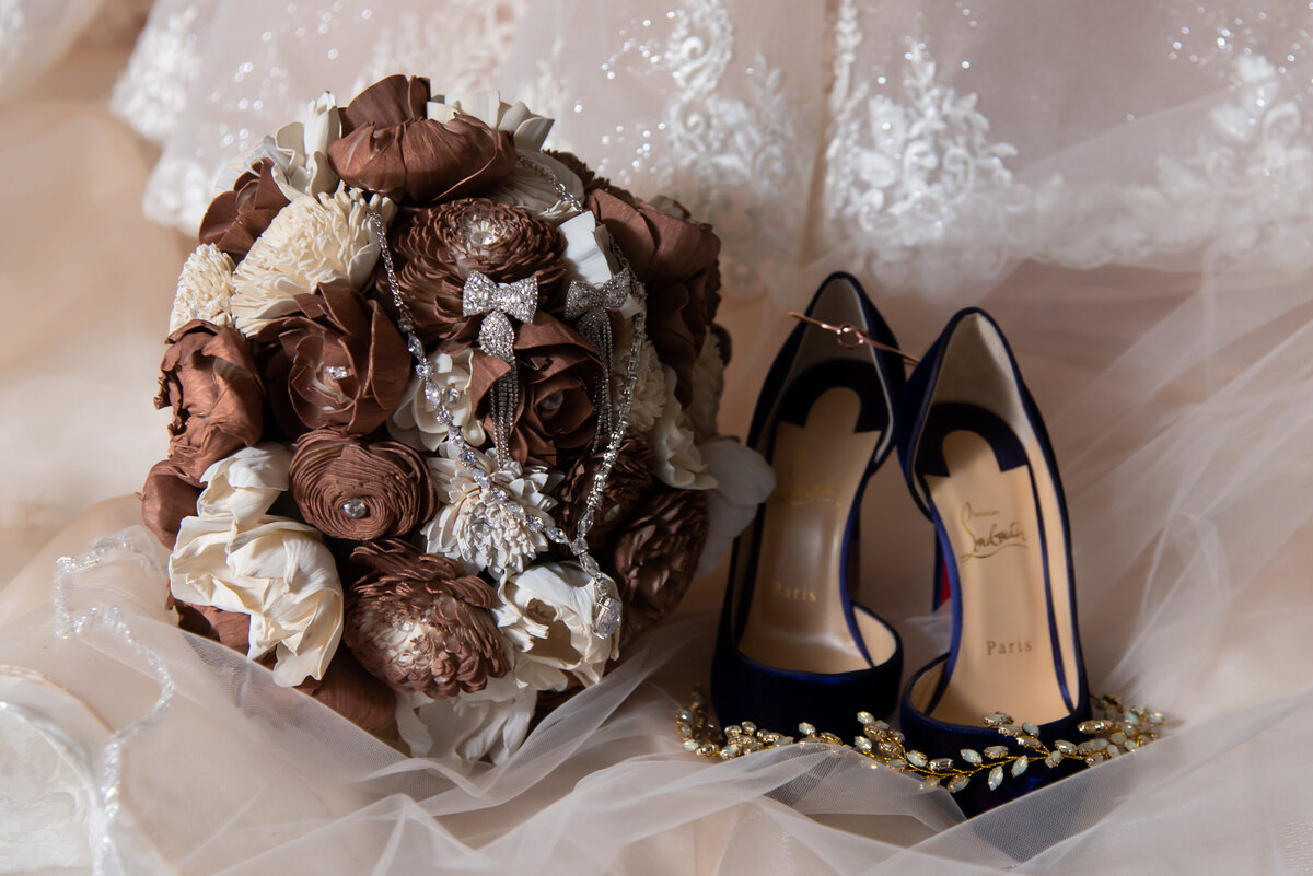 purple velvet louboutin and brown and ivory dried flower bridal bouquet 