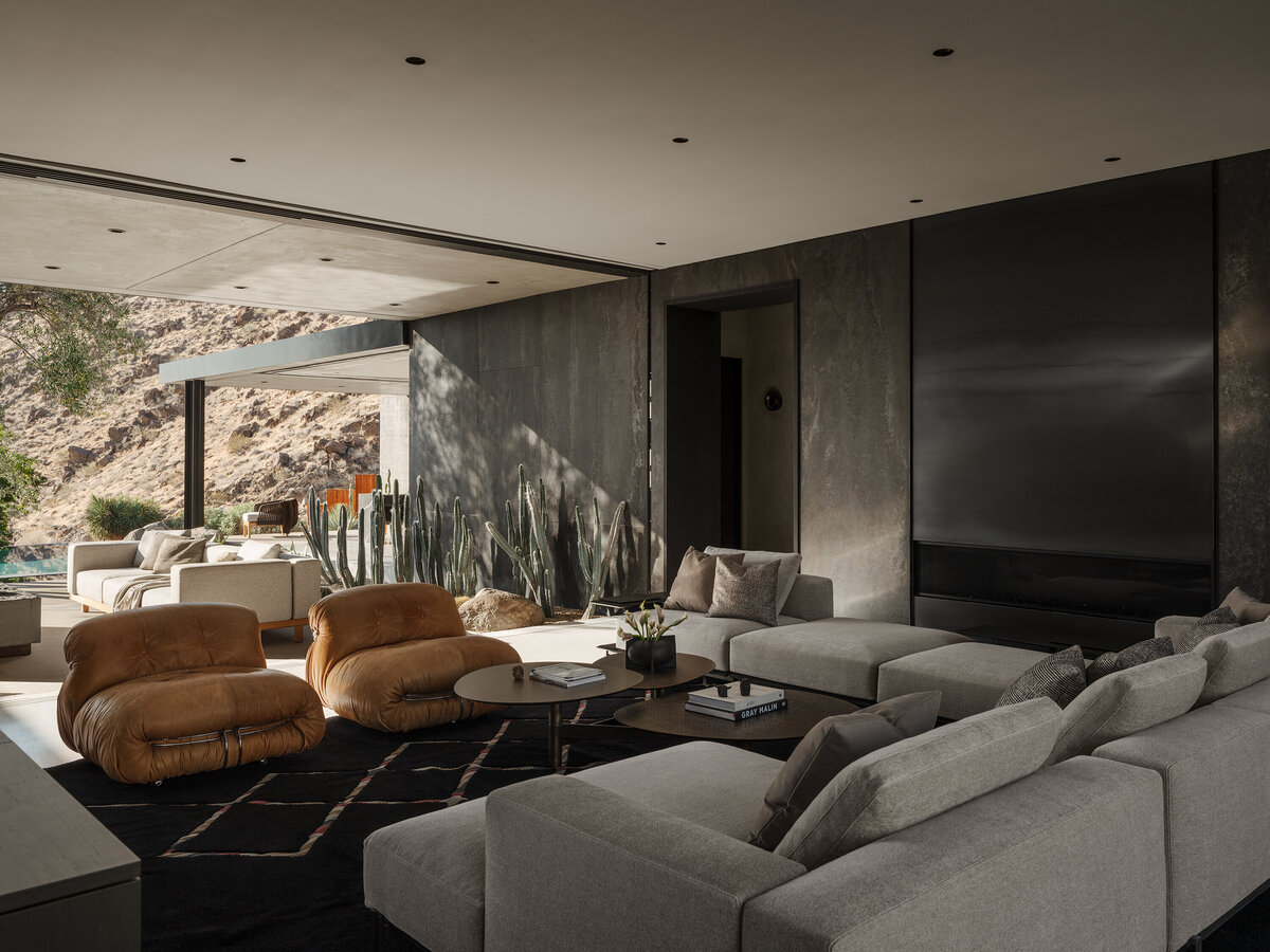 Palm Springs architect designed indoor outdoor master bedroom with mountain views.