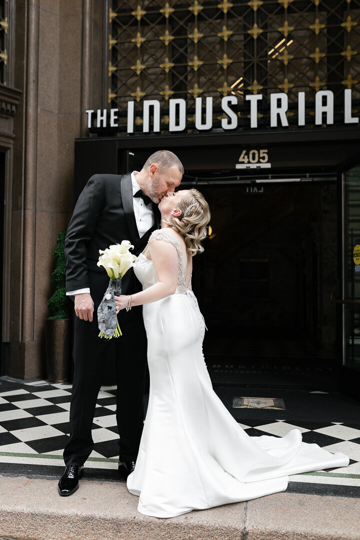 Bride and groom outside the Industrial Hotel in downtown Pittsburgh, PA 