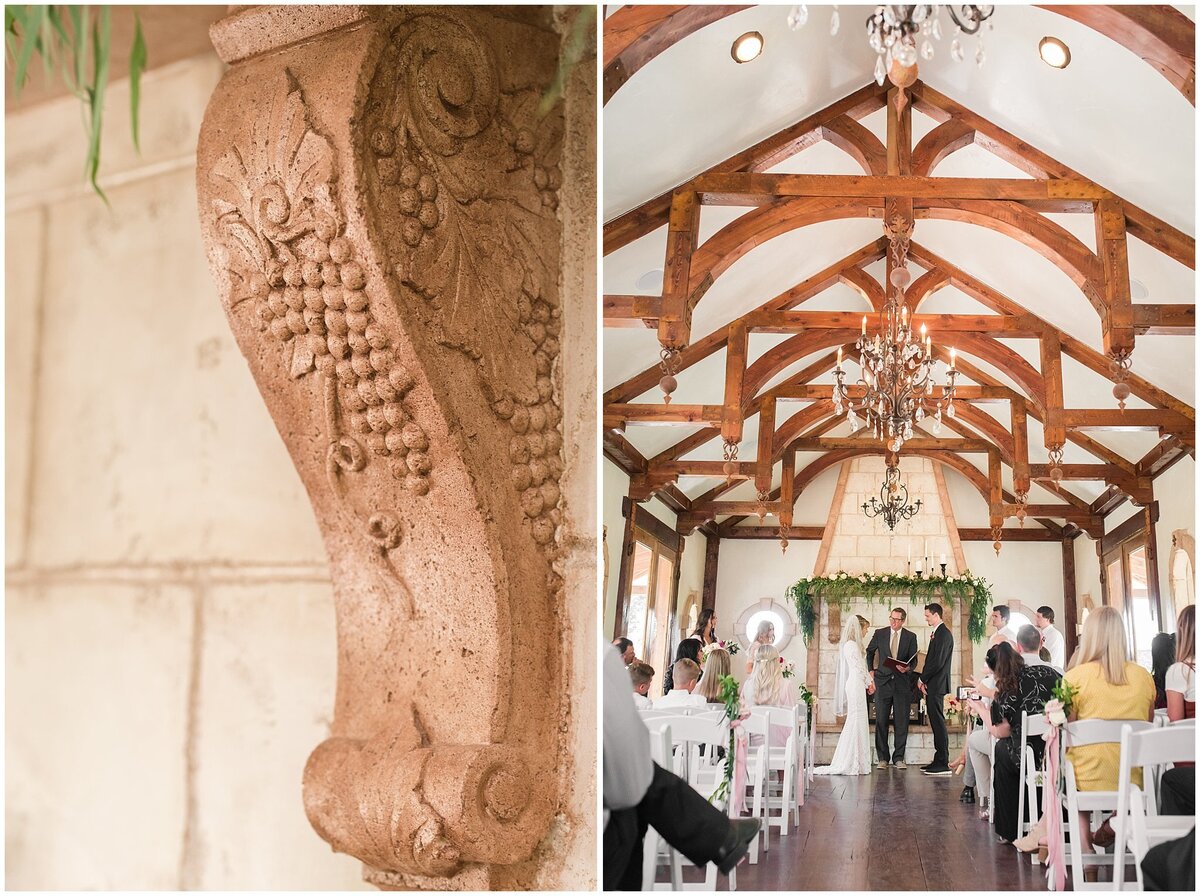 Ceremony inside of the Railroad building and grape vine detail at Wadley Farms