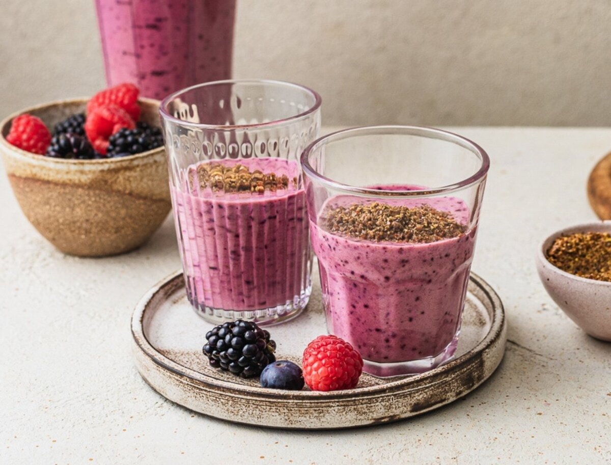 Berry smoothie with whey protein and flax, designed to support hormone balance in women 40+