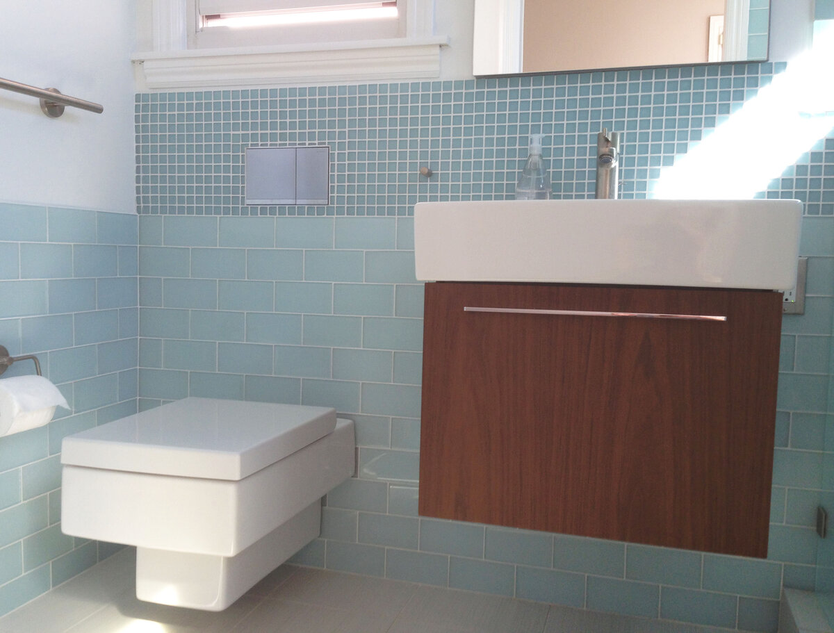 New bathroom with bright blue tilework