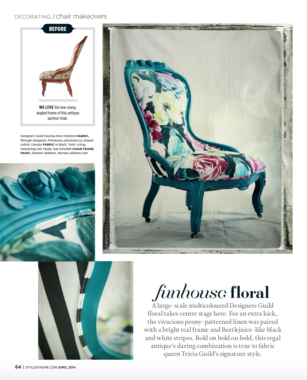 Floral reupholstered antique chair with painted wood frame  featured in Style At Home Magazine