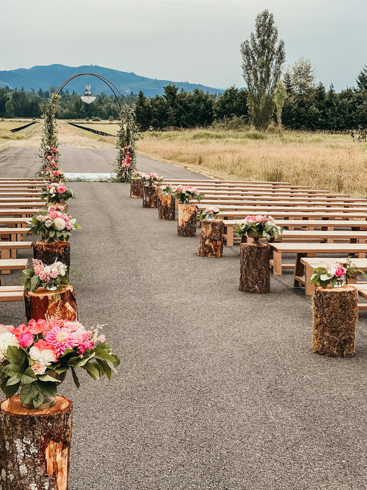 Pink flowers lining the aisle