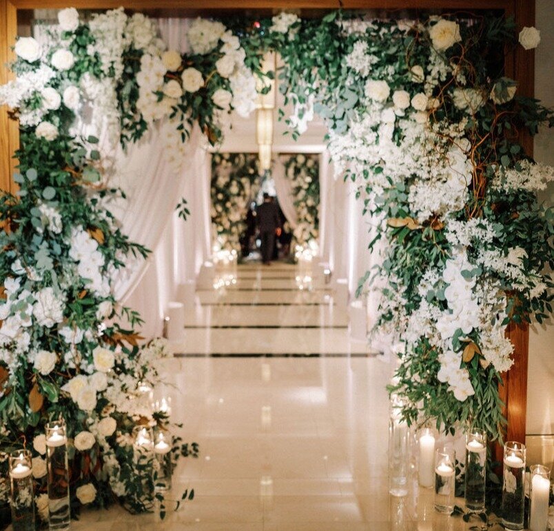 A picture of a floral archway leading to the reception. 
