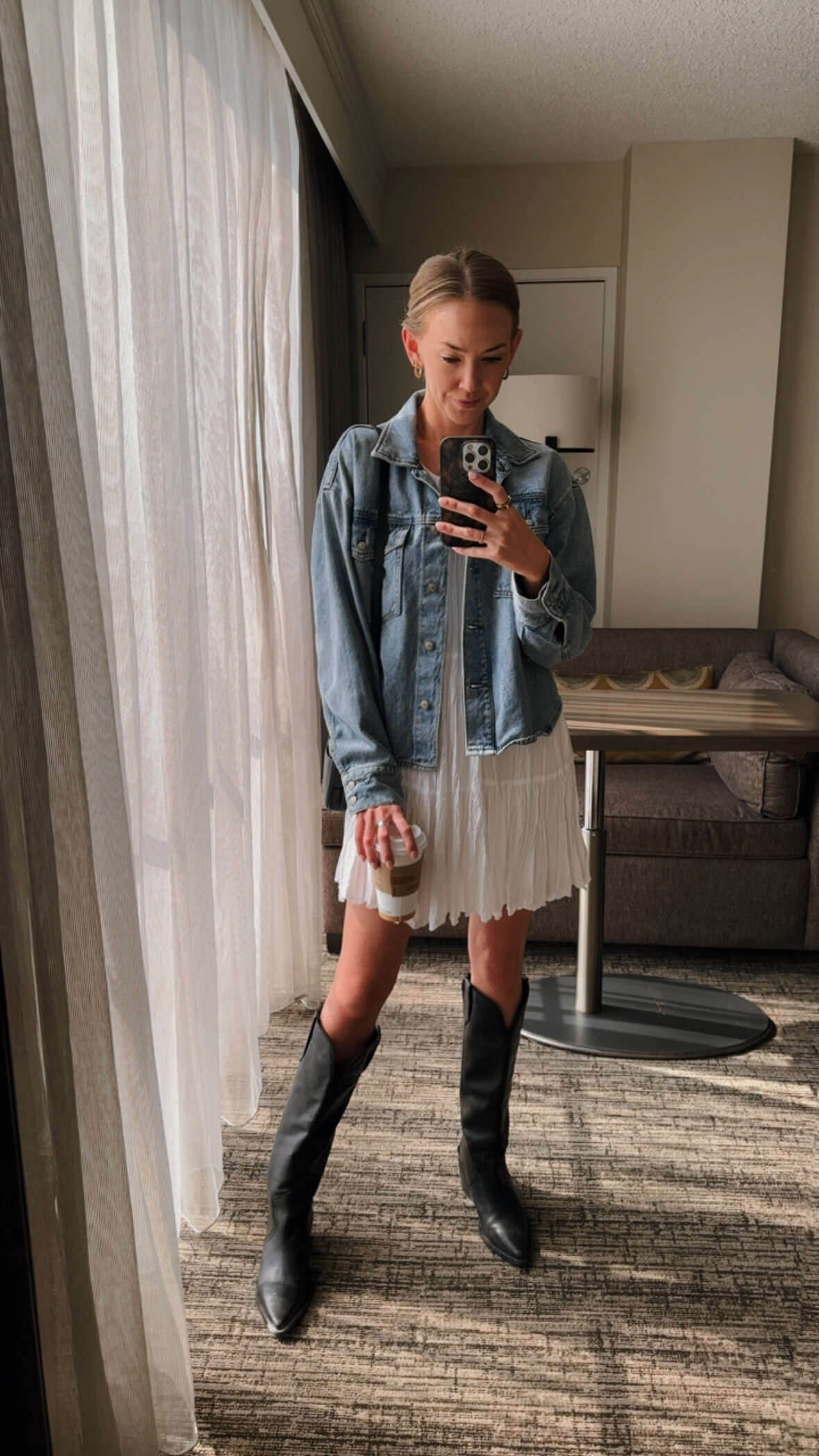 Caroline Wilder Aritzia White Dress Pistola Denim Jacket Mango Boots RPT Convention