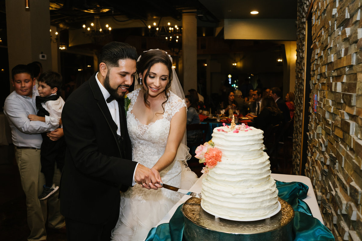 bride and groom cake cutting at wedding reception at Rio Plaza downtown San Antonio Texas