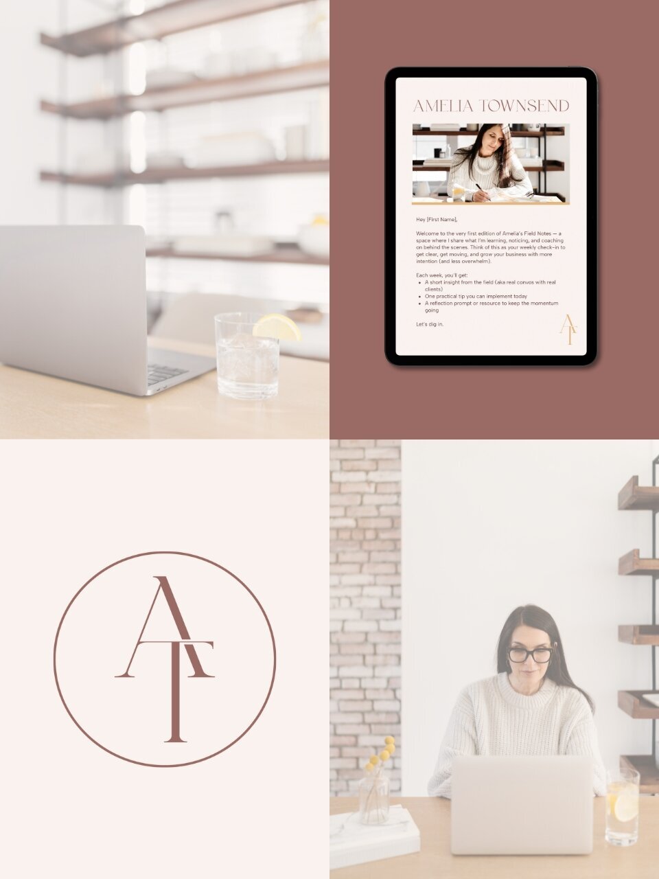 Four-part brand display featuring the circular AT monogram in Slate Rosewood on Porcelain Blush, lifestyle photos of Amelia at her laptop, and a clean glass of water on a wooden desk—projecting focus, elegance, and grounded expertise.