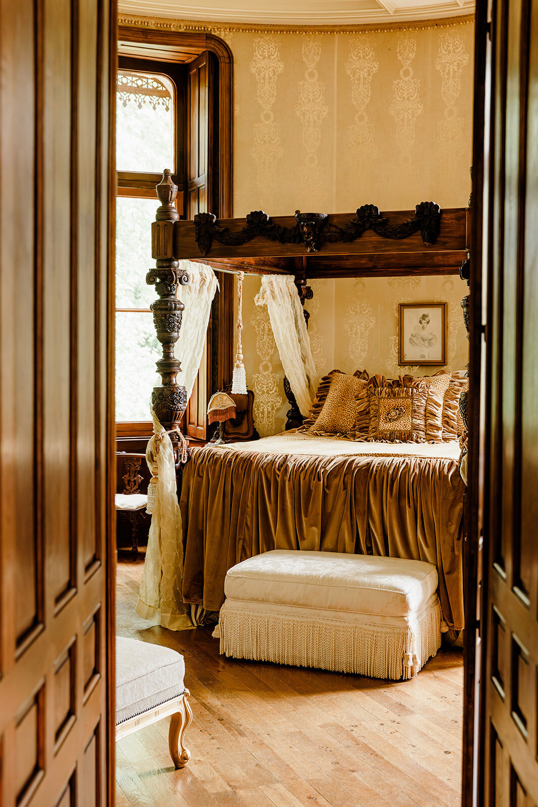 Romantic bridal bedroom at Château Challain captured during a Loire Valley elopement