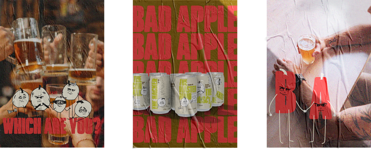 three posters for bad apple brewing wrinkled and sunsoaked