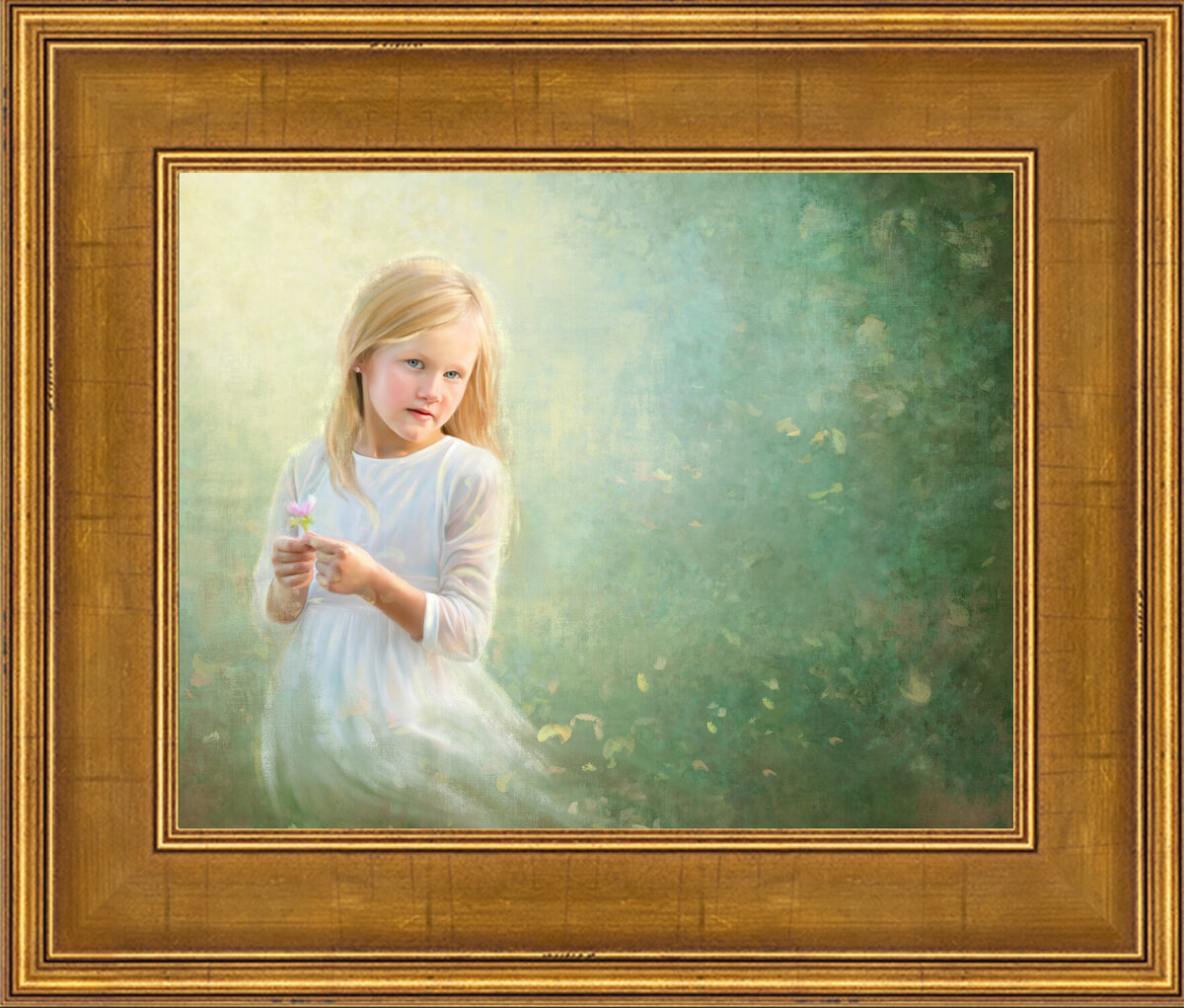 Painted girl in photoshop, framed in gold frame.
