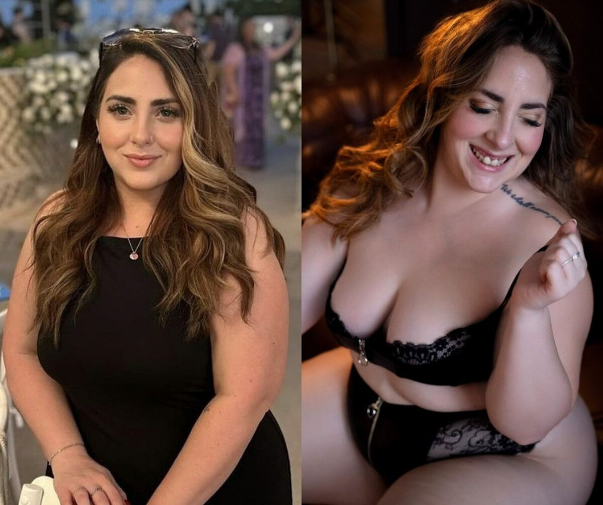 Two images of the same woman before and during her boudoir session in black outfits with big smiles