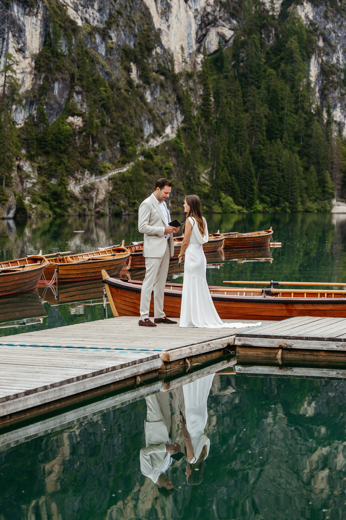 sweet couple romantic dolomites lake Braies elopement