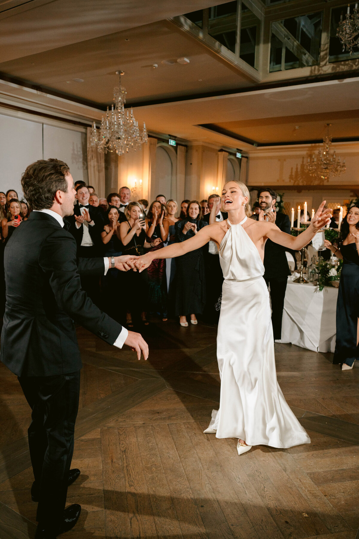 bride and groom doing the first dance in the cashel palace ballroom