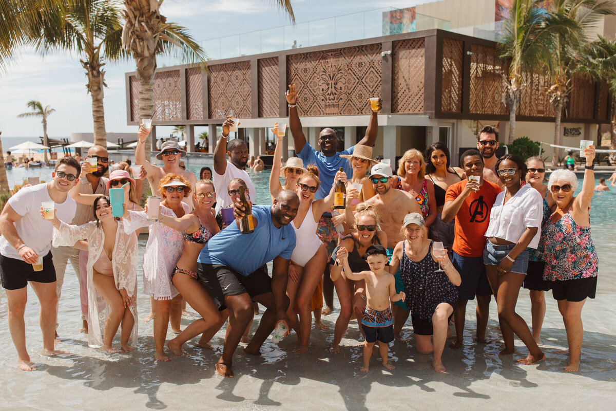 Pool welcome party to kick off wedding weekend at Hard Rock Hotel Cabo San Lucas.