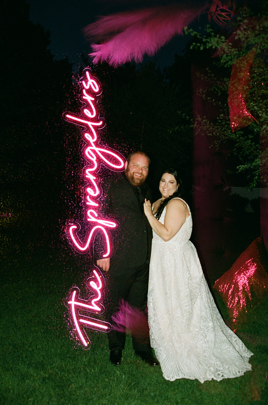 bride and groom late night portraits with double exposure of last name
