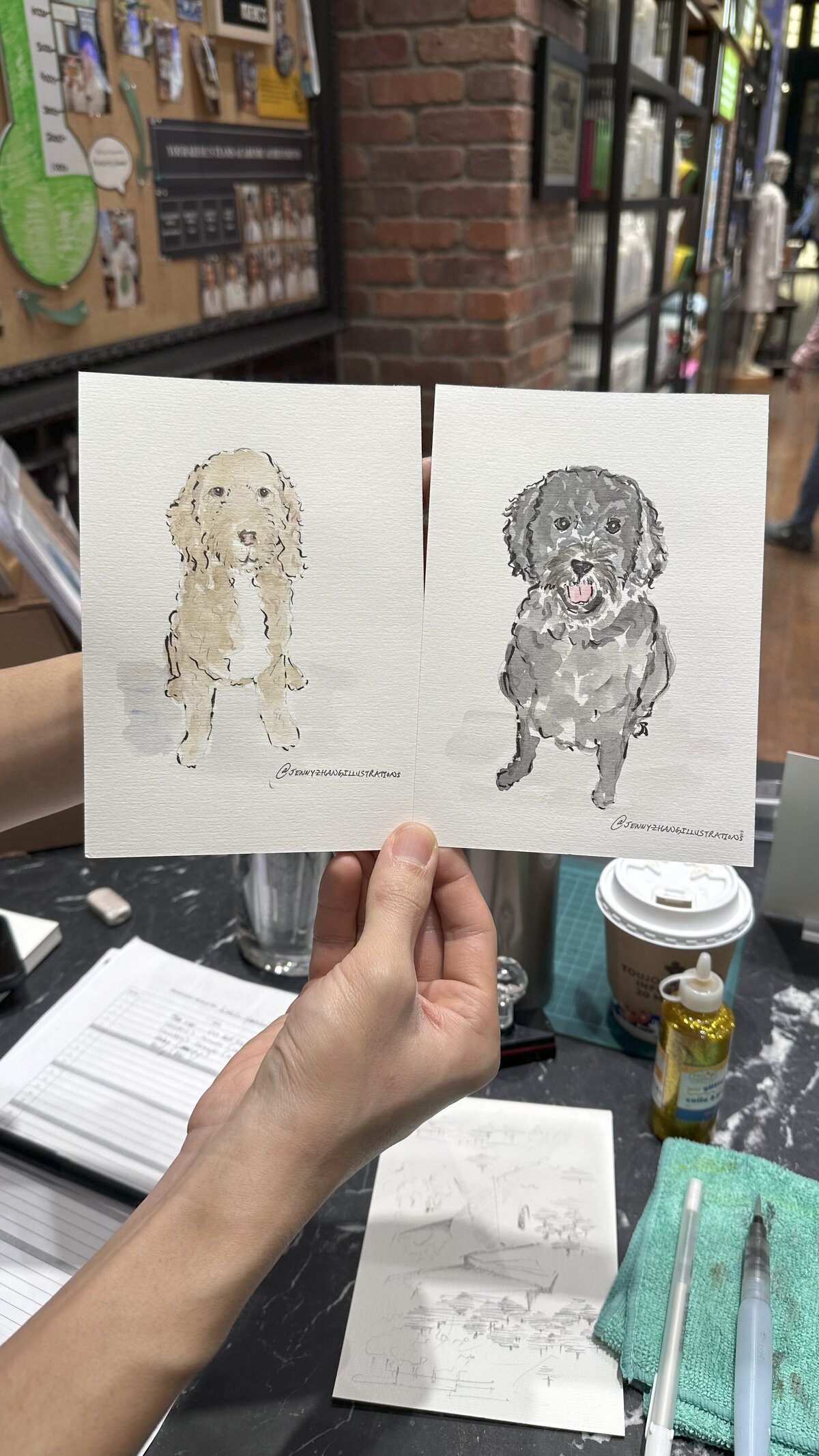 custom live pet portraits of two dogs painted at an event for unique entertainment