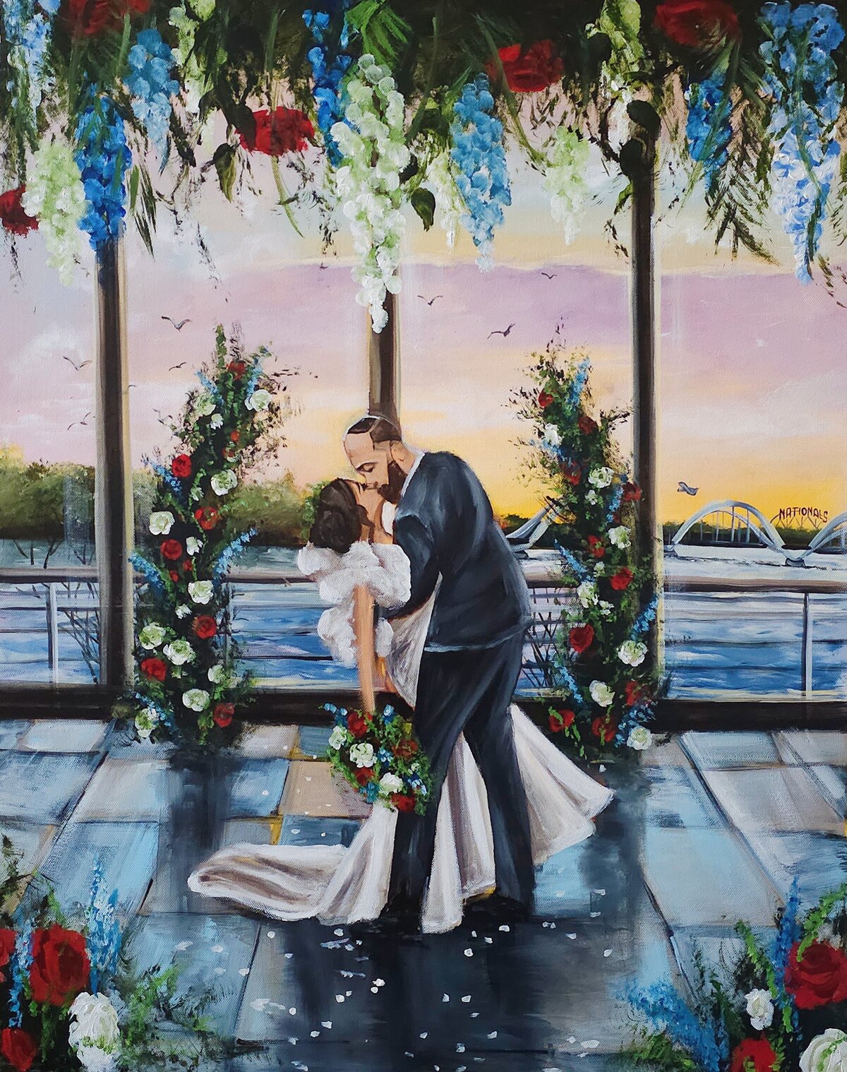 In this completed live wedding painting, a bride and groom share a dipping kiss at District Winery in Washington, DC.