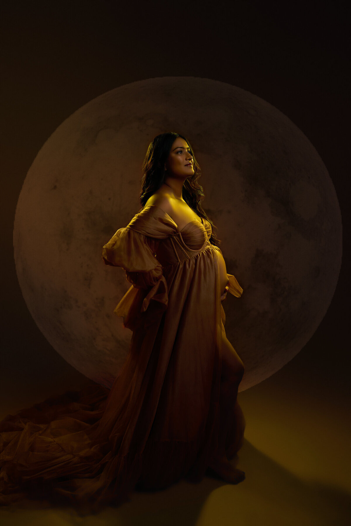 Cinematic maternity photo in golden light with a moon backdrop, featuring a rich tulle gown and glowing mom-to-be.