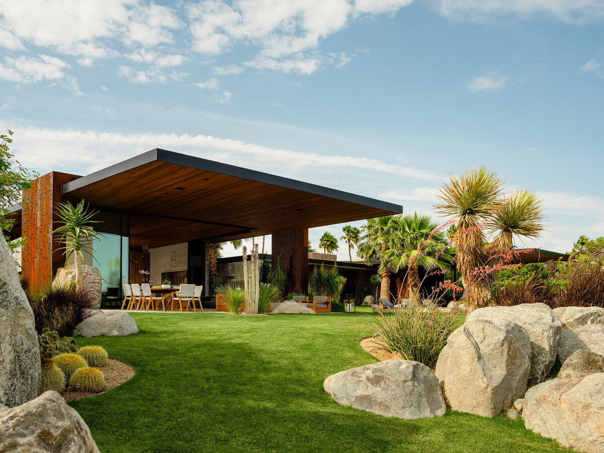 View of expansive overhang of indoor outdoor living area designed by Palm Springs architect