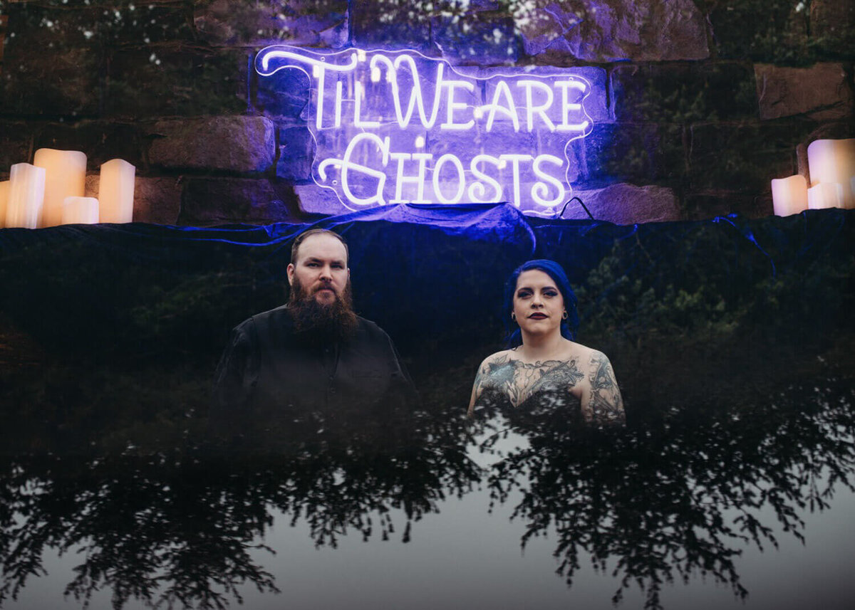 Moody photo of couple with till we are ghosts theme