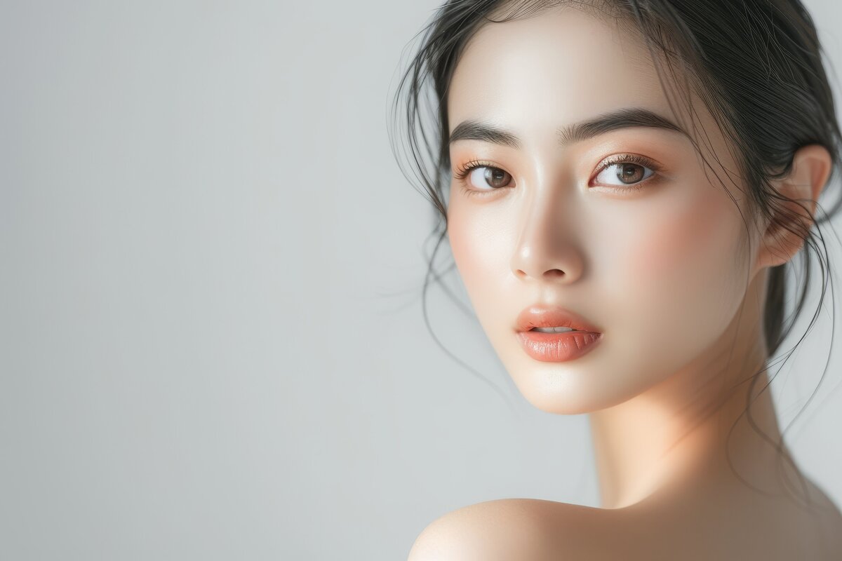 Young Asian women with clear porcelain skin looking over shoulder