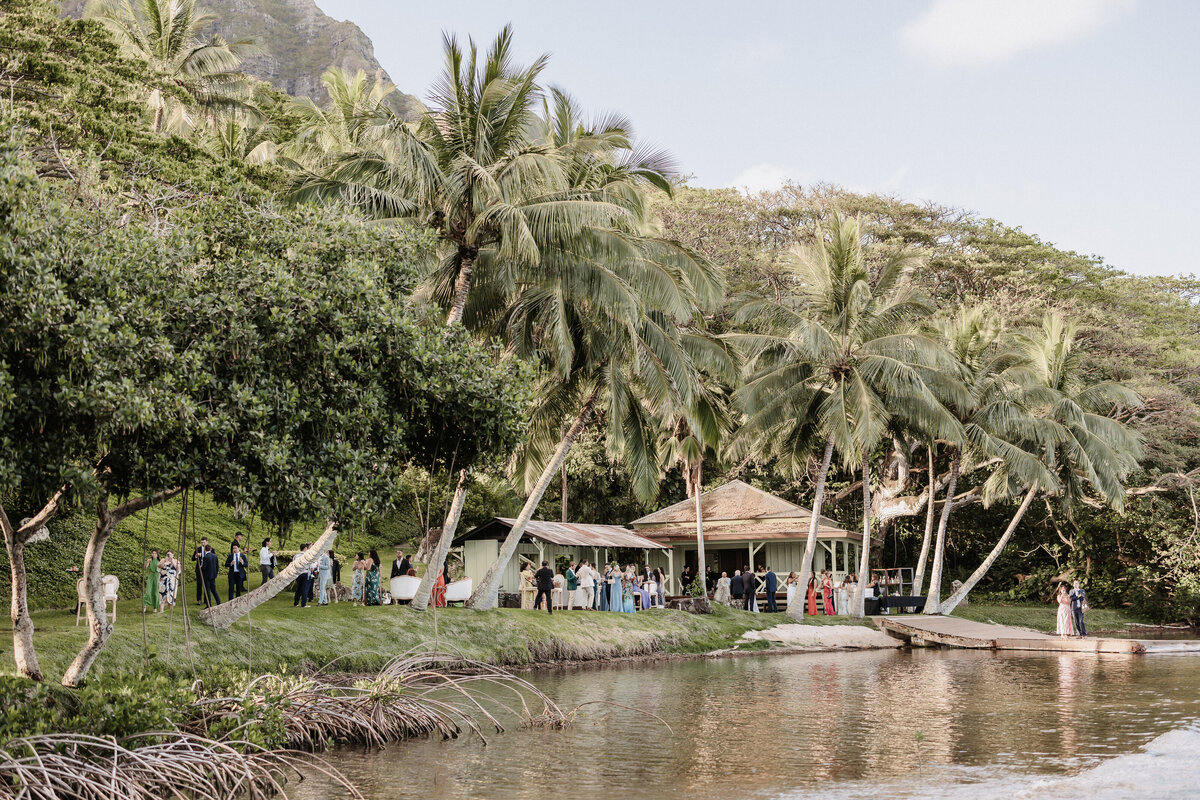 Drone view of wedding cocktail hour from the water with tall trees and guests mingling