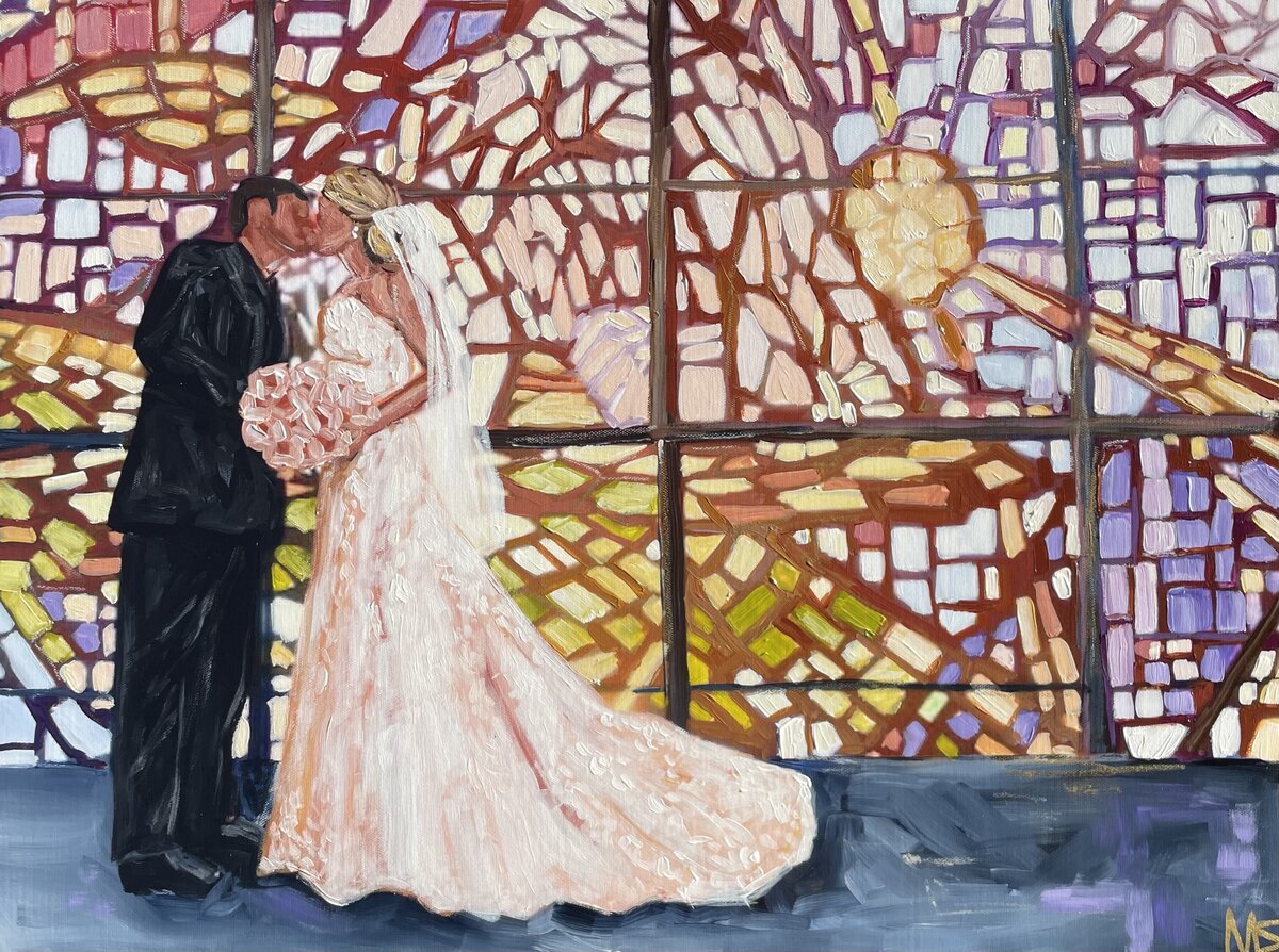 Commissioned painting by Miriam Shufelt, couple in front of stained glass